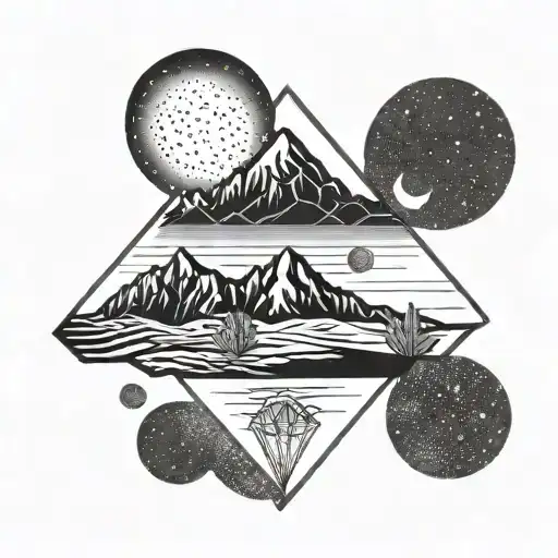 simple black and whit desert clear nigh landscape with a moon  tattoo inside a diamond shape tattoo design idea