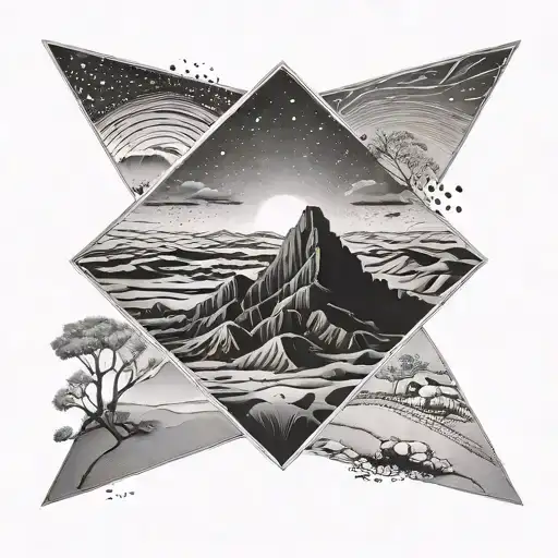black and whit desert clear nigh landscape with a stretch of road tattoo inside a diamond shape tattoo design idea
