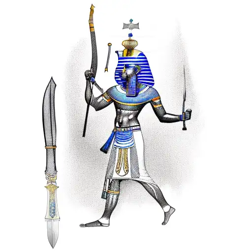 A depiction of an Egyptian god with a sword and dagger in a sketch style tattoo design idea