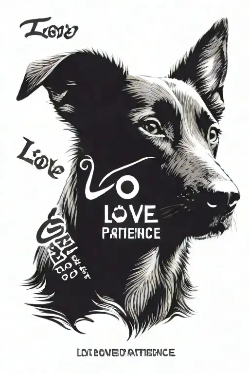 dog nose print on neck tattoo with words love and patience on left and right vertically written tattoo design idea