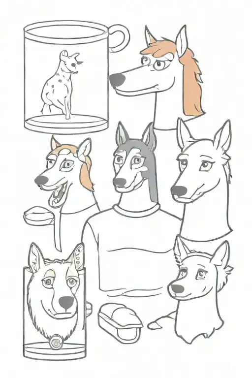 Bojack horseman tattoo, featuring Bojack, Princess Caroline, Todd, Diane, and Mr Peanut Butter. The tattoo should be out tattoo design idea
