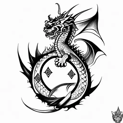 Draw me a tattoo of a dragon surrounding and protecting a thorny rose that formed from a diamond ring with lion head  tattoo design idea