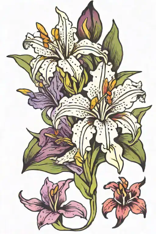 Lily and Iris bouquet tattoo design idea