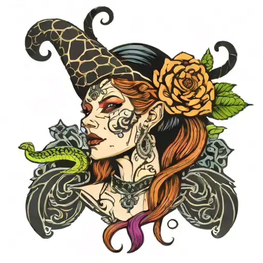 A beautiful Norse Völva witch with the words 'who's the heretic now', the design has flowers and snakes throughout, neon tattoo design idea
