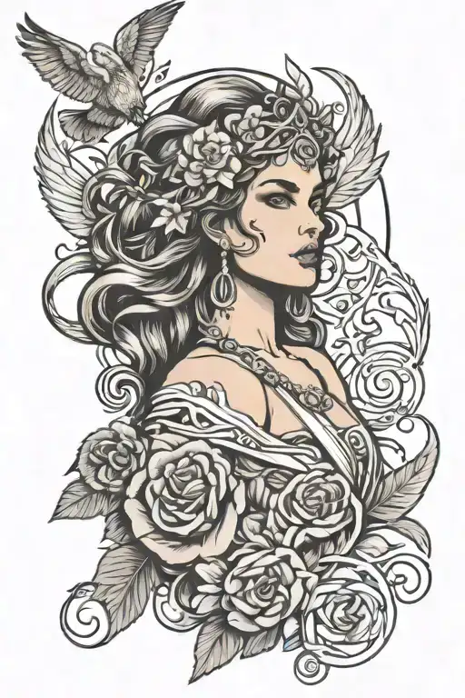A tattoo design combining the symbols of feminism and Greek mythology, such as a powerful goddess figure with feminist symbols incorporated into the design tattoo design idea