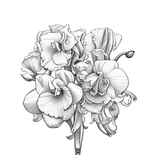 Rose, carnation, snowdrop, larkspur, narcissus, iris bouquet tattoo design idea