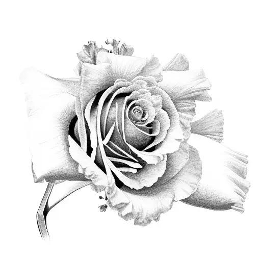 Rose, carnation, snowdrop, larkspur, narcissus, iris bouquet tattoo design idea