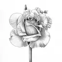 Rose, carnation, snowdrop, larkspur, narcissus, iris bouquet tattoo design idea