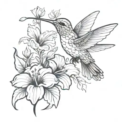stylistic modern hummingbird with multiple hibiscus tattoo design idea