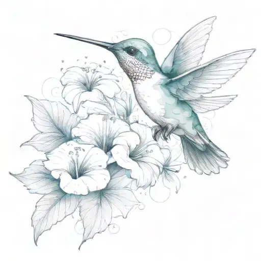 stylistic modern hummingbird with multiple hibiscus tattoo design idea