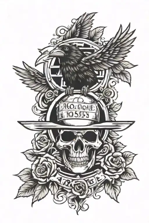  80s rock guns n roses nostalgia tattoo with the crow movie symbol on it. Blending both with a lucky number7 tattoo design idea