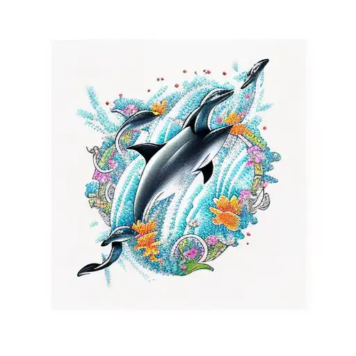 An arm sleeve with dolphins  tattoo design idea