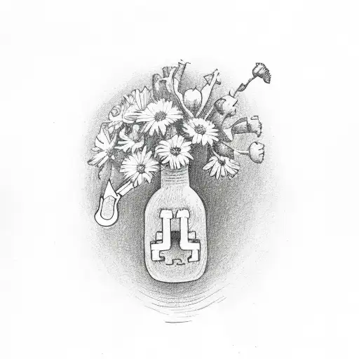 milk bottle with horse shoe and flowers and a small bigfoot  tattoo design idea