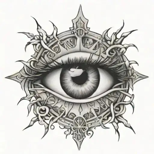 A gothic inspired tattoo of a Roman style eye surrounded by thorns and mysterious writings tattoo design idea