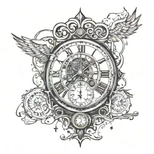 A tattoo design with the formula eiπ = -1 prominently displayed and the initials M.A.D and a clocktower at 10:04 tattoo design idea