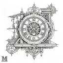 A tattoo design with the formula eiπ = -1 prominently displayed and the initials M.A.D and a clocktower at 10:04 tattoo design idea