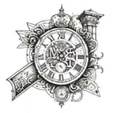 A tattoo design with the formula eiπ = -1 prominently displayed and the initials M.A.D and a clocktower at 10:04 tattoo design idea