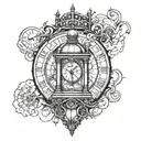 A tattoo design with the formula eiπ = -1 prominently displayed and the initials M.A.D and a clocktower at 10:04 tattoo design idea