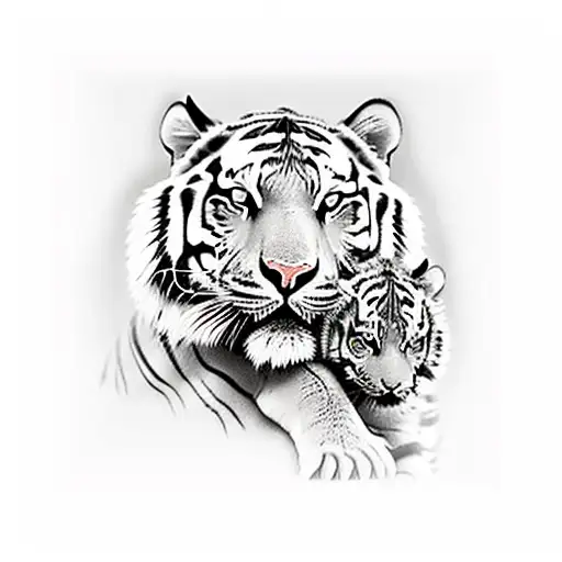 A fierce tiger protecting its cub in a dense jungle tattoo design idea