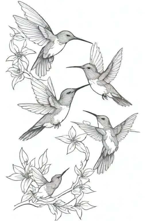3 hummingbird all the same size. The birds should be separate directions from each other with clear distinction of their tattoo design idea