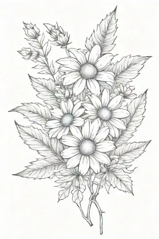 Daisy, holly sprig with leaves and berries, cosmos small bouquet tied tattoo design idea