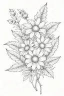 Daisy, holly sprig with leaves and berries, cosmos small bouquet tied tattoo design idea