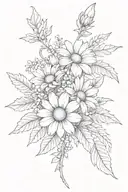 Daisy, holly sprig with leaves and berries, cosmos small bouquet tied tattoo design idea
