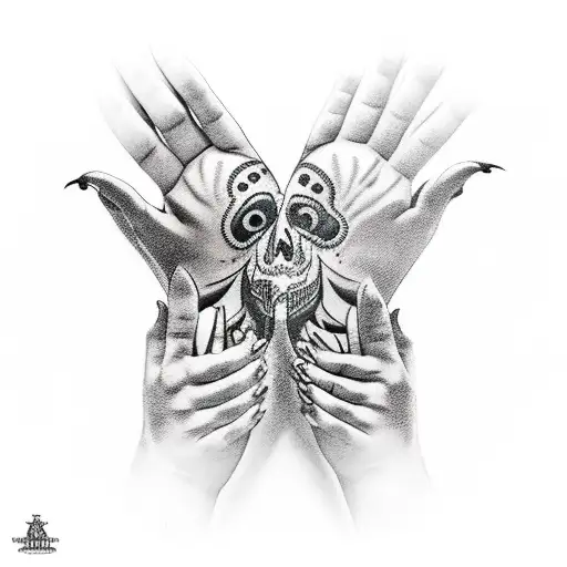 belly tattoo. a demon hand scratching to the left, a female hand stroking to the right, and the hands of death praying b tattoo design idea