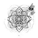 serotonin molecule with a blooming lotus flower, with a bee or butterfly gracefully hovering  tattoo design idea