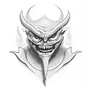 an evil demon face dressed in a busines suit smoking a  joint tattoo design idea