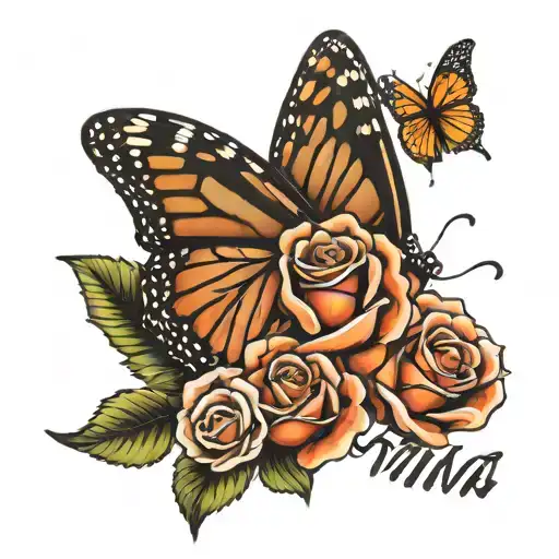 Monarch butterfly holding a rose with the word mama underneath in cursive tattoo design idea