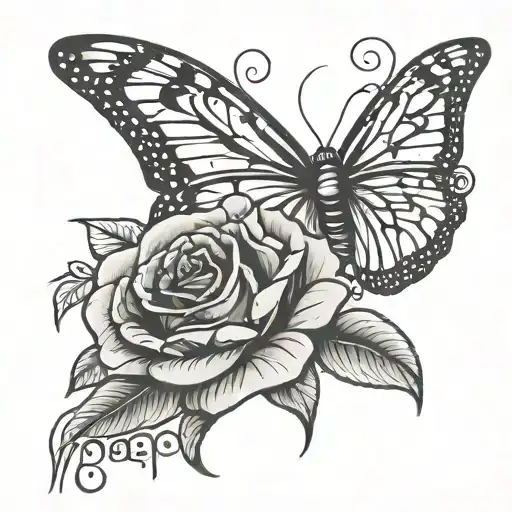 Monarch butterfly holding a rose with the word mama underneath in cursive tattoo design idea
