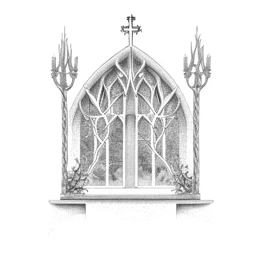 gothic church window with vines covering it and a candelabra inside tattoo design idea