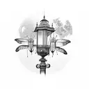 1800s victorian street lamp with luna moths cirlcing it tattoo design idea