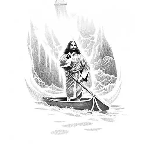 jesus on a canoe on a river  tattoo design idea