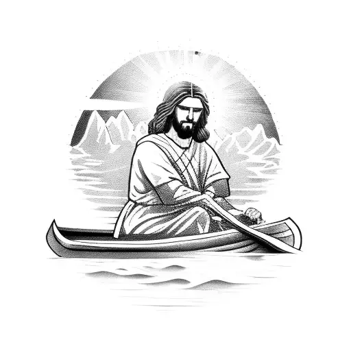 jesus on a canoe on a river  tattoo design idea