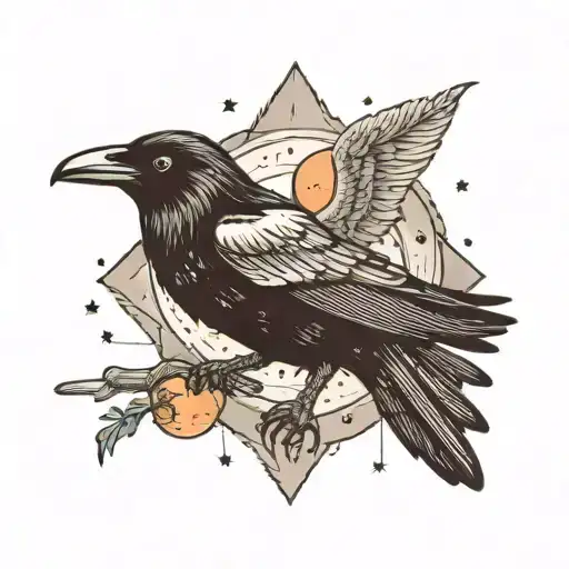 crow with some galaxy or space elements, in black and white tattoo design idea