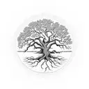 A blackwork tattoo of a majestic oak tree with its roots forming the shape of Texas, representing the client's passion for both gardening and their home state tattoo design idea