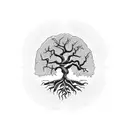 A blackwork tattoo of a majestic oak tree with its roots forming the shape of Texas, representing the client's passion for both gardening and their home state tattoo design idea