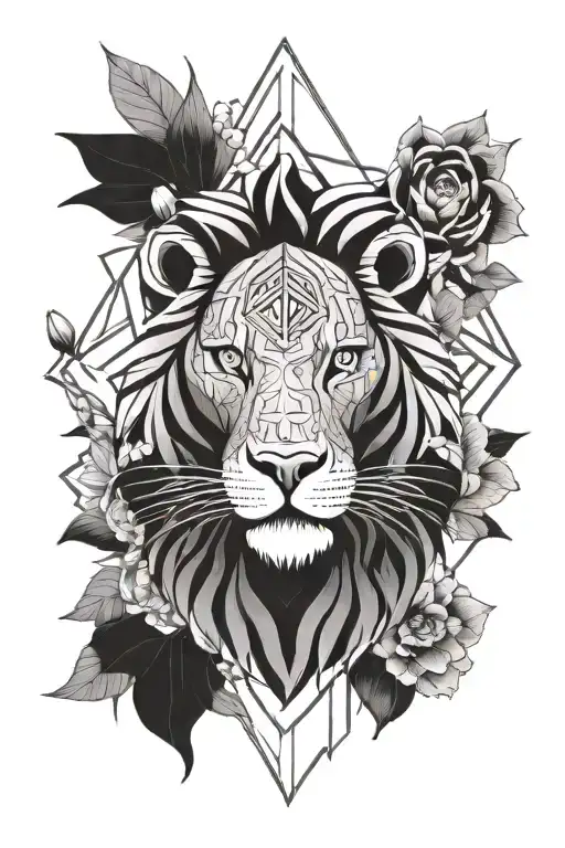 Chinese tribal lion with nature and lotus flowers representing peace, strength, and perseverance tattoo design idea