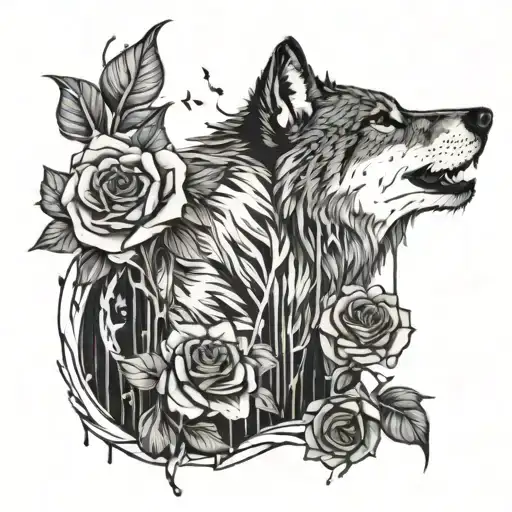 The grey wolf and the rose dripping with blood tattoo design idea