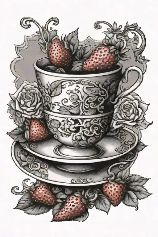 Tea cup, strawberry, anvil, sewing machine stacked on top of eachother tattoo design idea