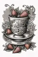 Tea cup, strawberry, anvil, sewing machine stacked on top of eachother tattoo design idea