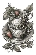 Tea cup, strawberry, anvil, sewing machine stacked on top of eachother tattoo design idea