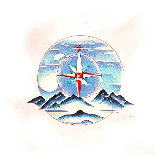 compass mountains lake moon tattoo design idea