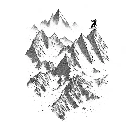A majestic mountain peak with a snowboarder jumping off a cliff in the foreground tattoo design idea