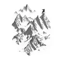 A majestic mountain peak with a snowboarder jumping off a cliff in the foreground tattoo design idea