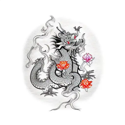 Buddha, dragon, cherry blossom tree, koi fish, Chinese lantern tattoo design idea
