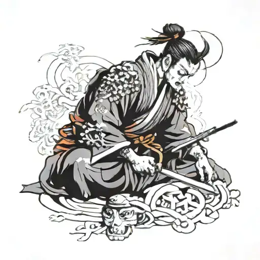 Ronin samurai meditating figure surrounded by bushido code tattoo design idea