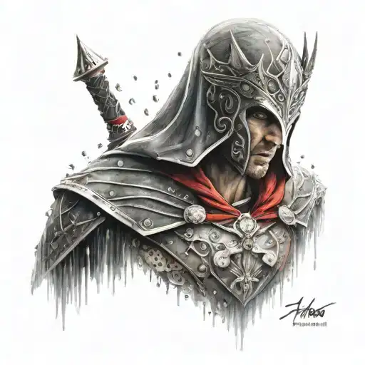 ezio auditore face surrounded by  rain with a crown tattoo design idea